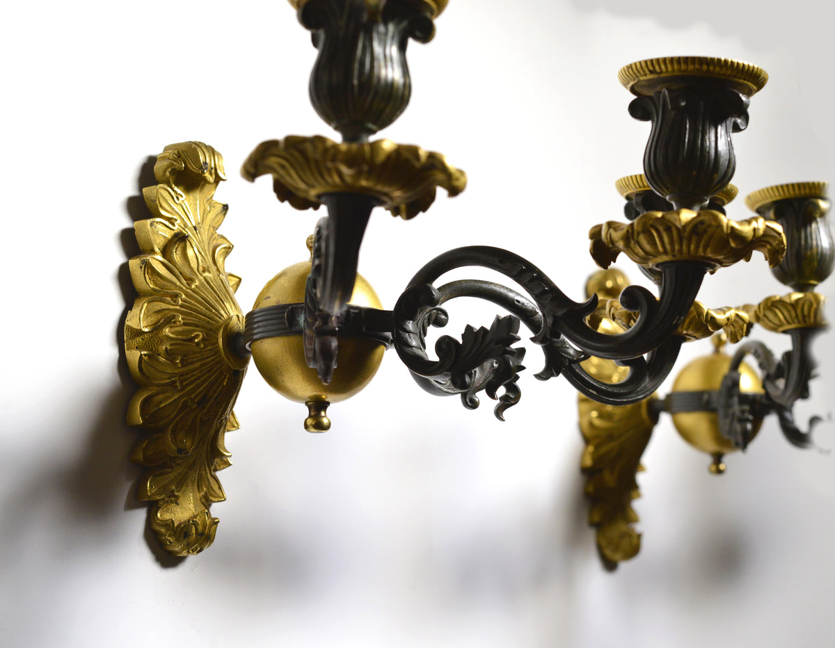 Pair Antique Neoclassical Gilt Bronze w Patina Sconces 3 light Wall Candelabra