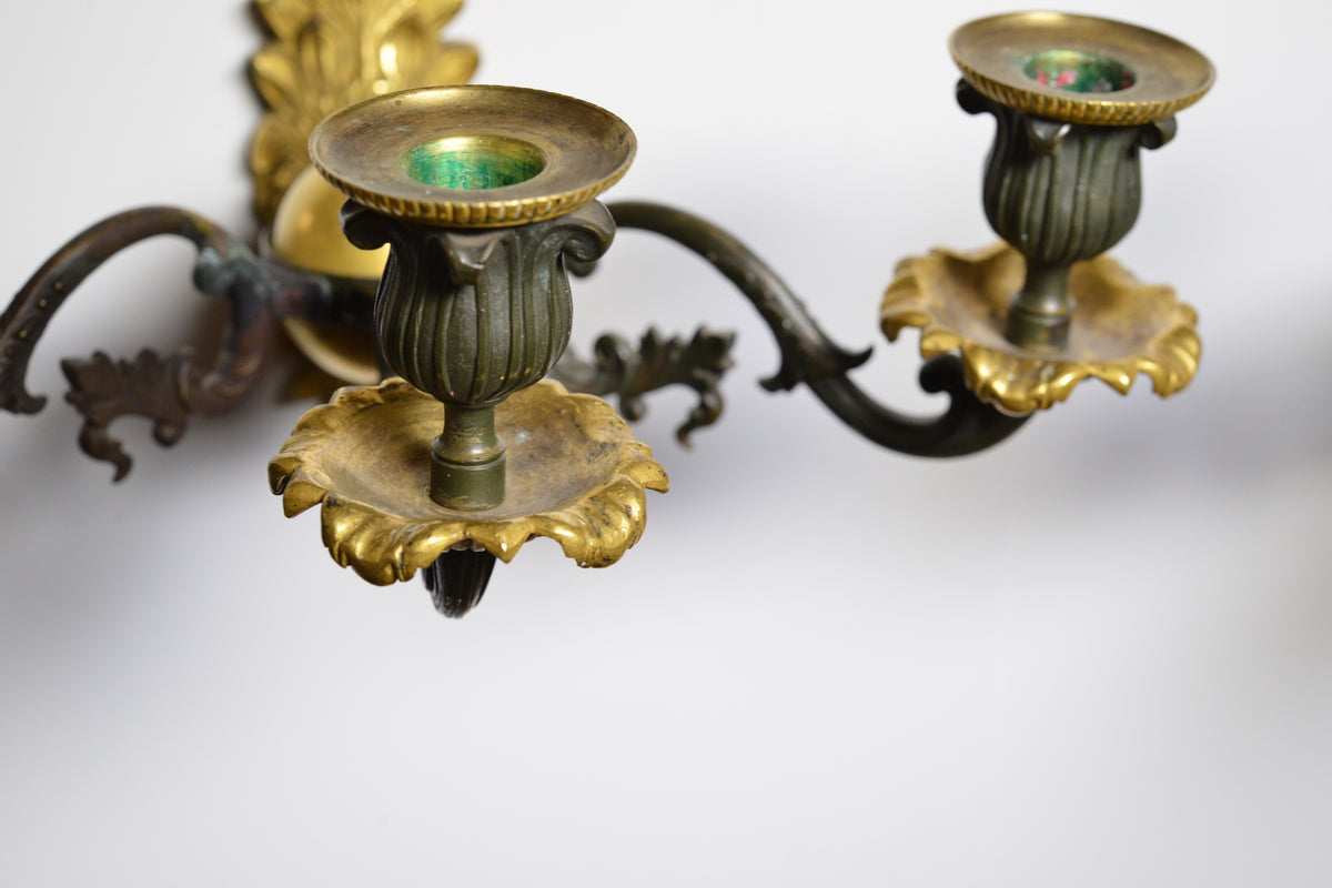 Pair Antique Neoclassical Gilt Bronze w Patina Sconces 3 light Wall Candelabra