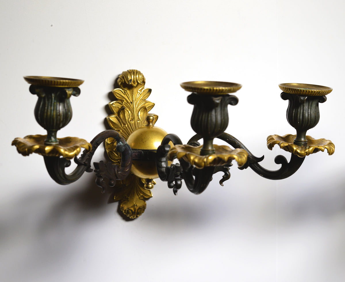 Pair Antique Neoclassical Gilt Bronze w Patina Sconces 3 light Wall Candelabra