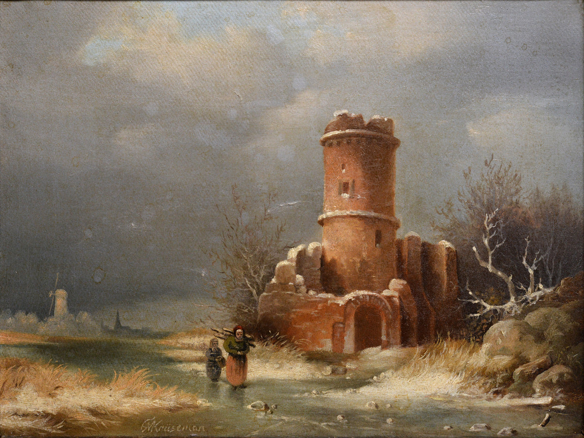 Dutch Landscape Tower Ruins in Winter 19th century Oil painting by Kruseman