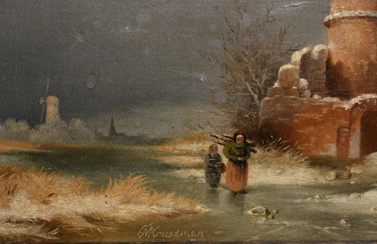 Dutch Landscape Tower Ruins in Winter 19th century Oil painting by Kruseman