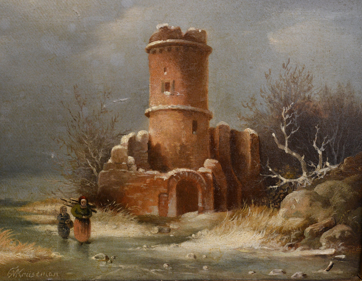 Dutch Landscape Tower Ruins in Winter 19th century Oil painting by Kruseman