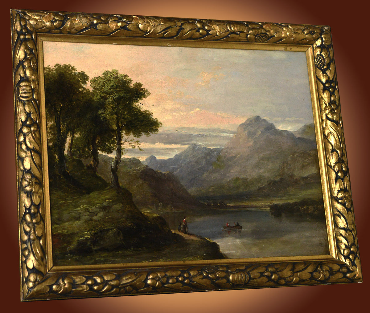 Romantic Lake Landscape British Master 19th century Oil painting Framed