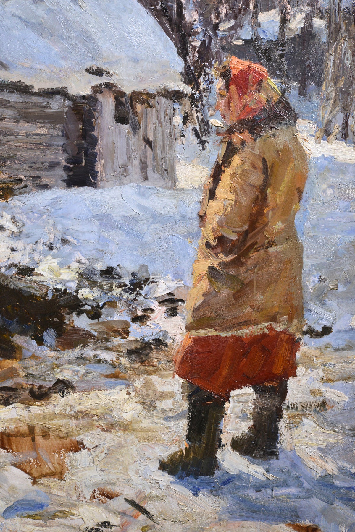 Winter Scene with Village Woman ca 1950 Oil Painting by Russian master Suzdaltsev