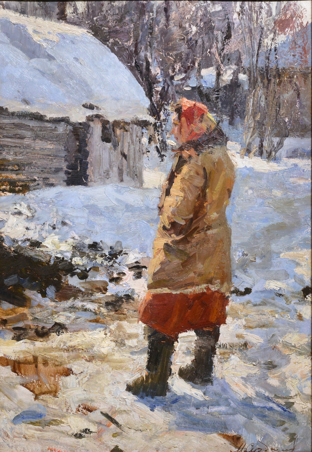 Winter Scene with Village Woman ca 1950 Oil Painting by Russian master Suzdaltsev