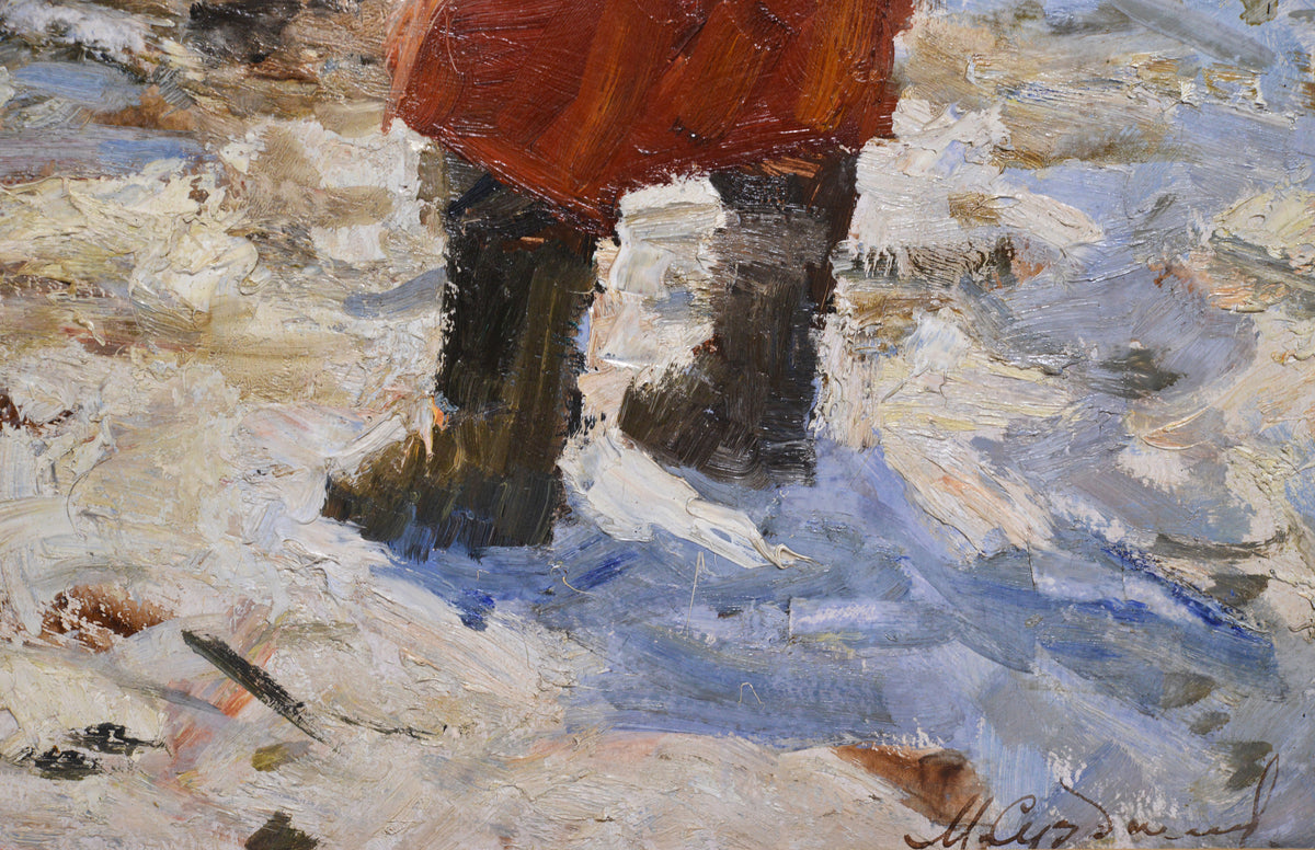 Winter Scene with Village Woman ca 1950 Oil Painting by Russian master Suzdaltsev