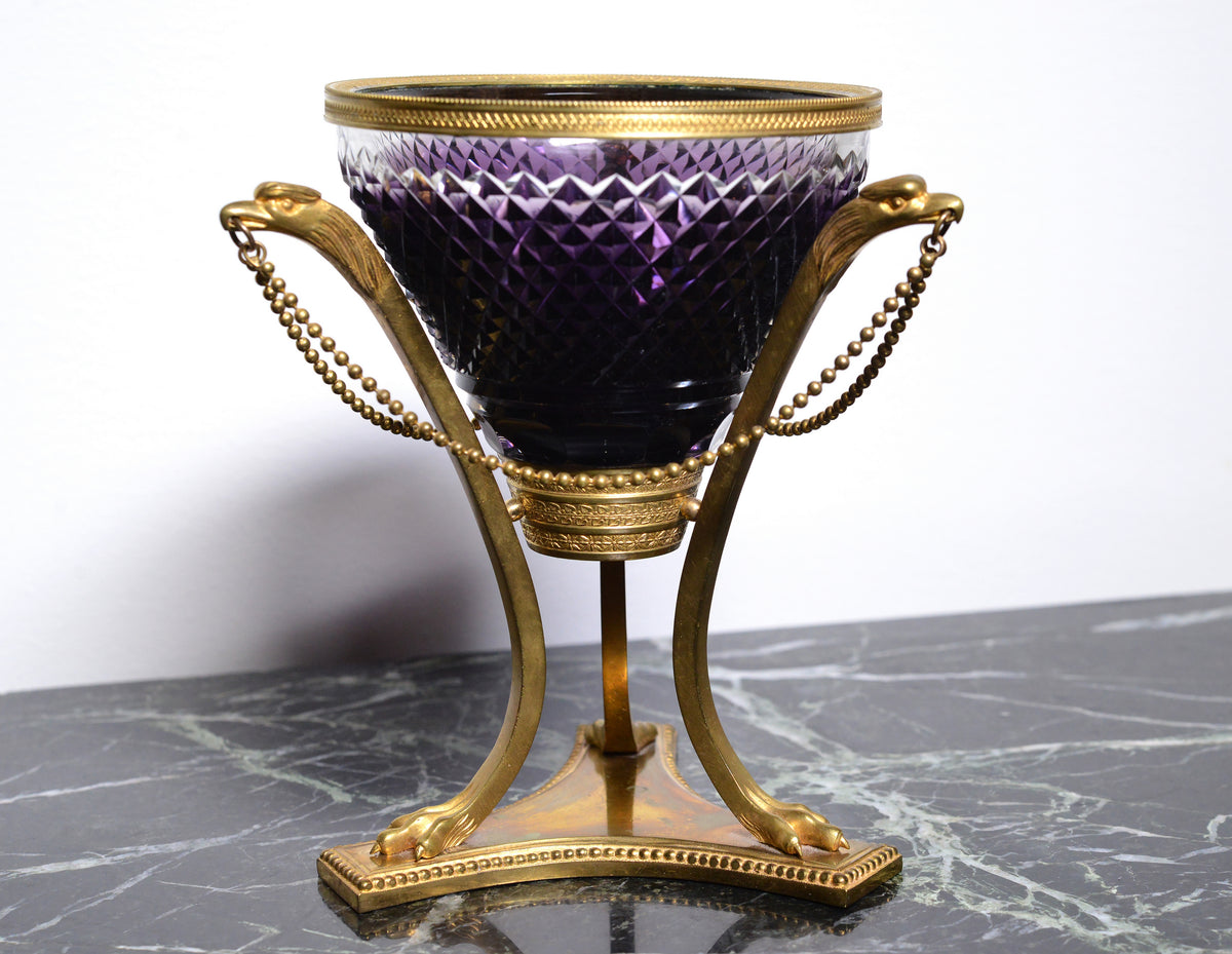 Cut Crystal Amethyst glass Vase w Gilt bronze Griffins and Lion paws Empire