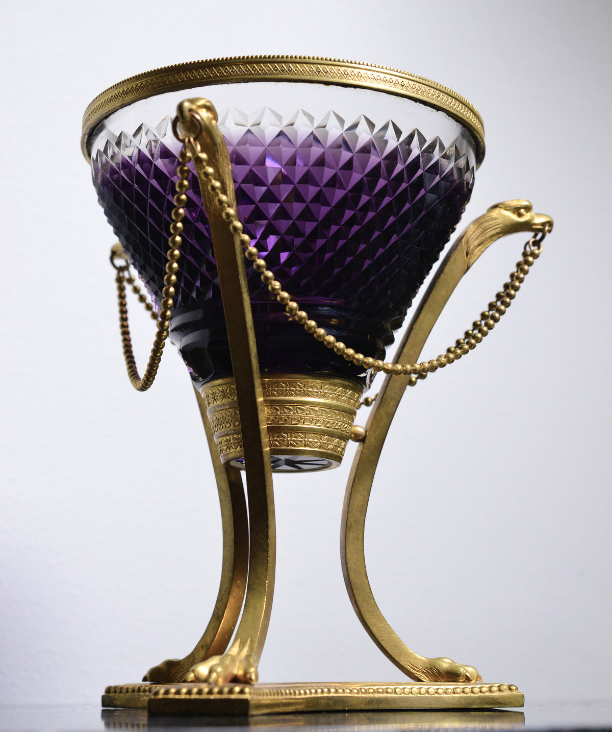 Cut Crystal Amethyst glass Vase w Gilt bronze Griffins and Lion paws Empire