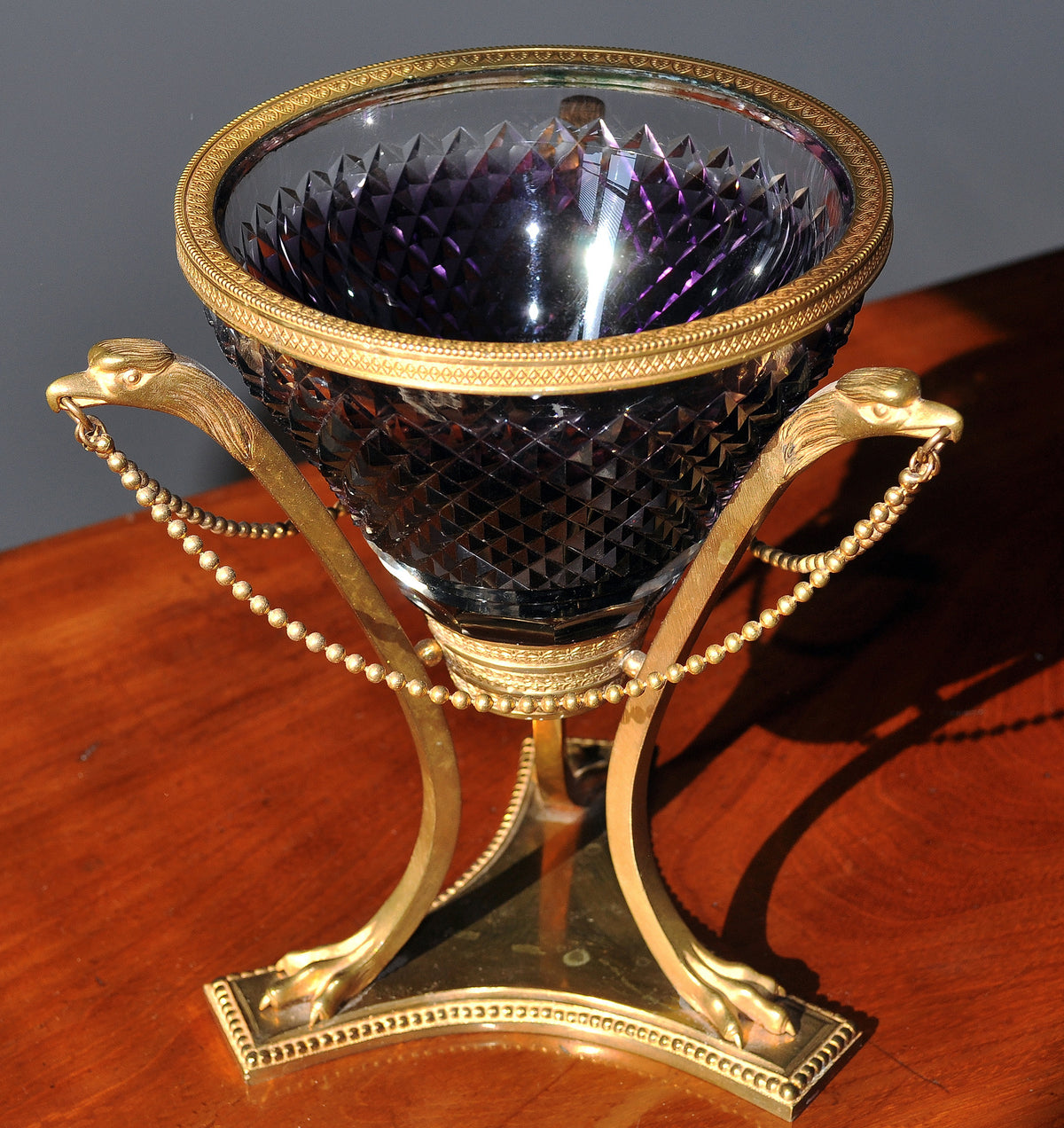 Cut Crystal Amethyst glass Vase w Gilt bronze Griffins and Lion paws Empire