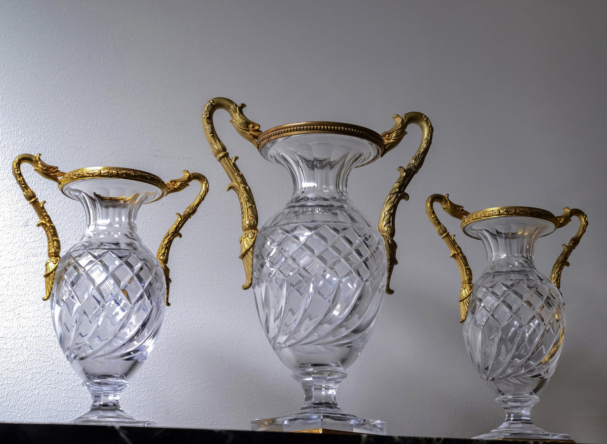 Baccarat Empire Cut Crystal Glass Vases w Gilt Bronze Griffon Heads 19th century