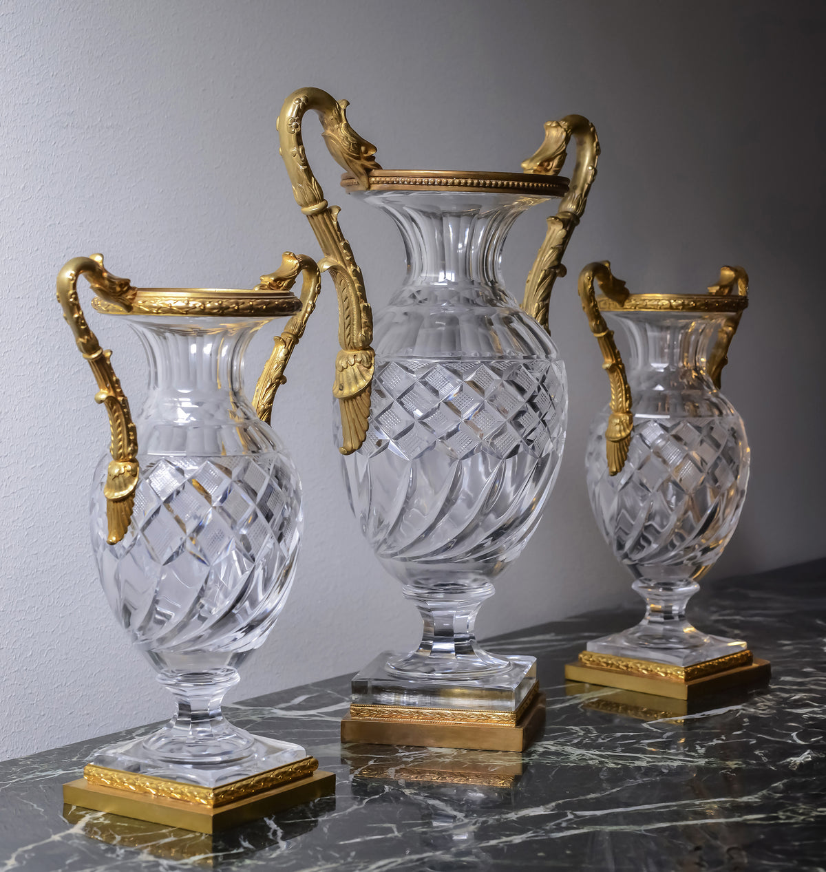 Baccarat Empire Cut Crystal Glass Vases w Gilt Bronze Griffon Heads 19th century