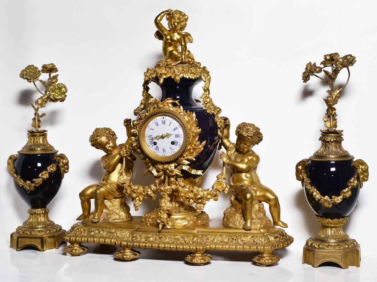 French Louis XVI style Clock 2 dials Gilt Bronze w Sèvres Porcelain 19th century