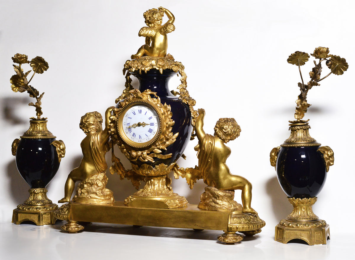 French Louis XVI style Clock 2 dials Gilt Bronze w Sèvres Porcelain 19th century