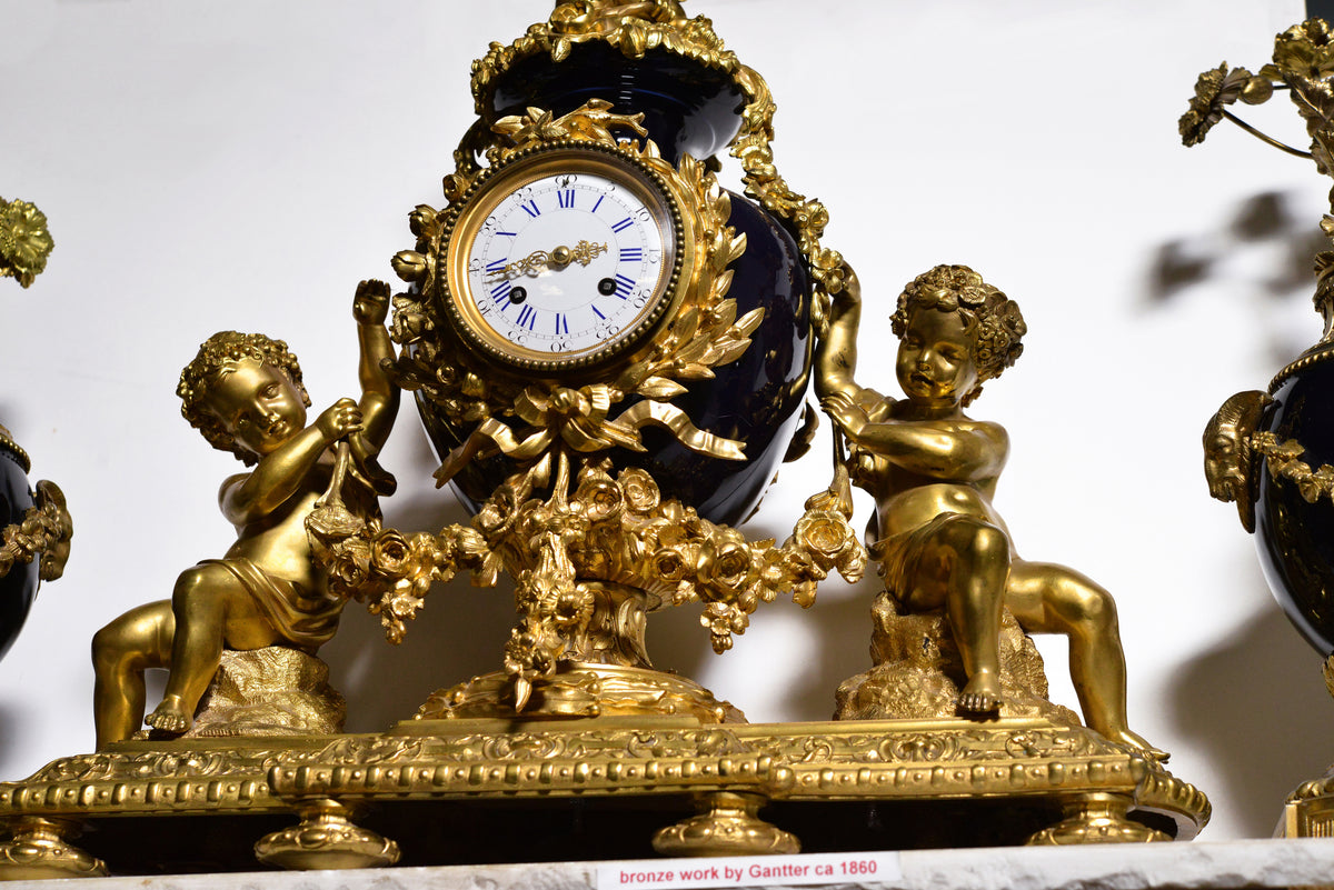 French Louis XVI style Clock 2 dials Gilt Bronze w Sèvres Porcelain 19th century