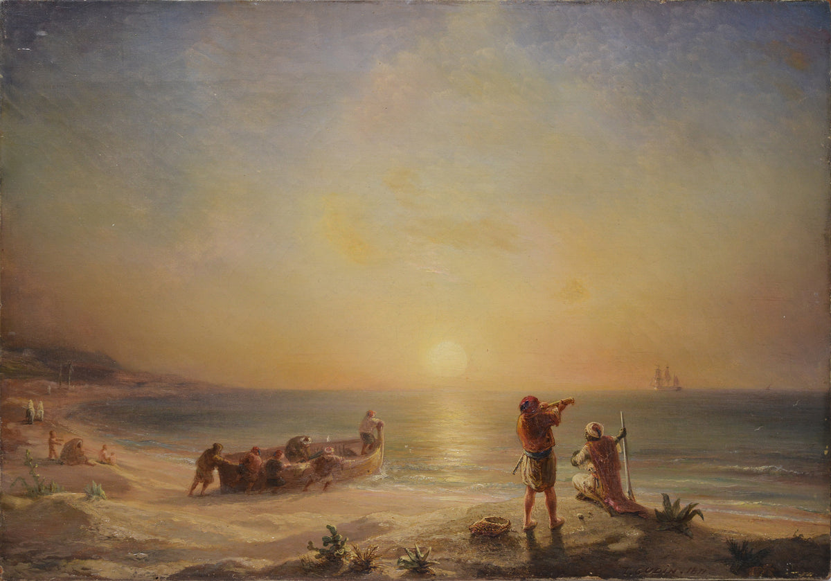 Smugglers at Algerian Coast 1871 Sunset Marine Scene Oil Painting by T. Gudin