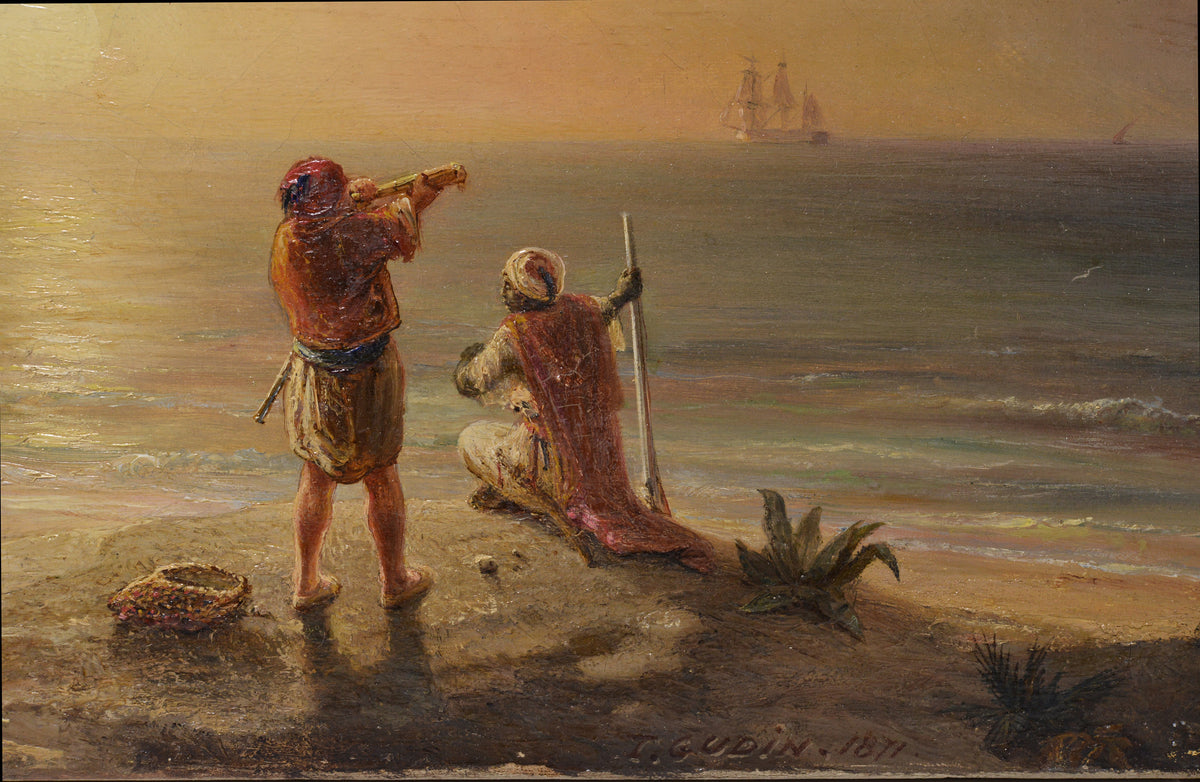 Smugglers at Algerian Coast 1871 Sunset Marine Scene Oil Painting by T. Gudin