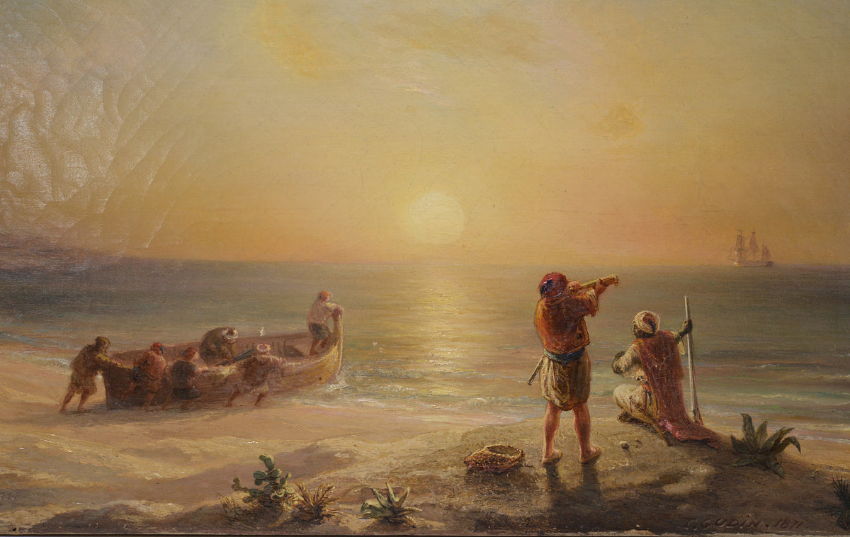 Smugglers at Algerian Coast 1871 Sunset Marine Scene Oil Painting by T. Gudin