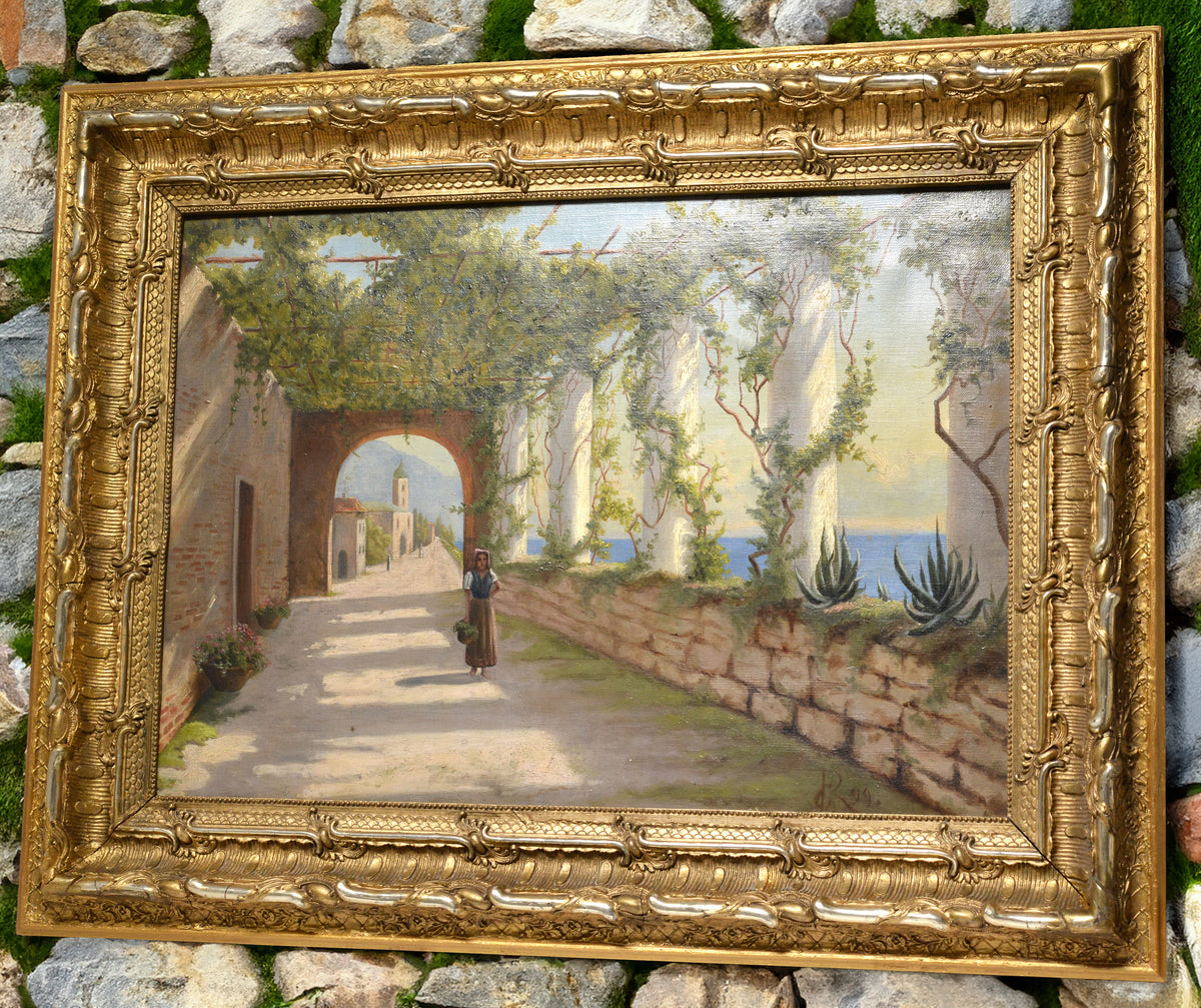 Sunny Italian Amalfi Terrace View 1899 Oil Painting on Canvas Framed Signed