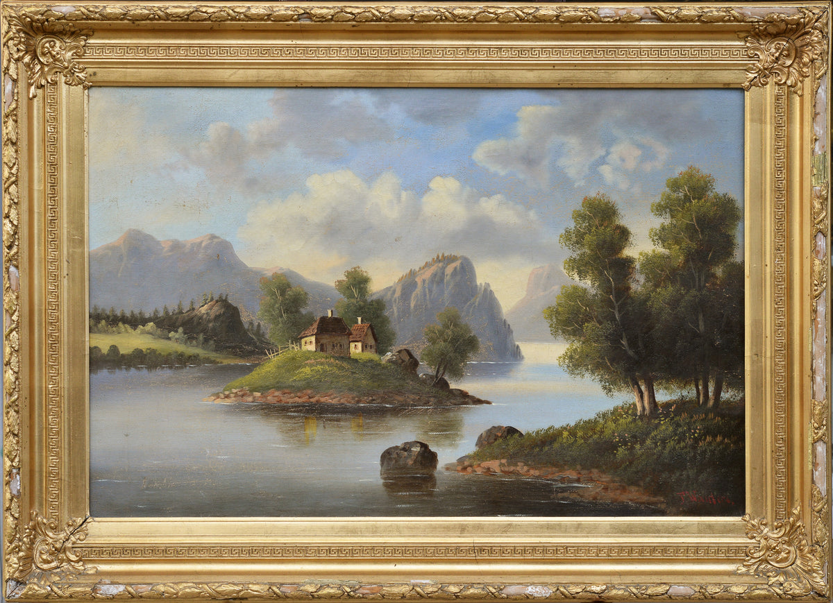 19th century Alpine Lakeland Landscape Signed Oil Painting "Park am Wolfgangsee"