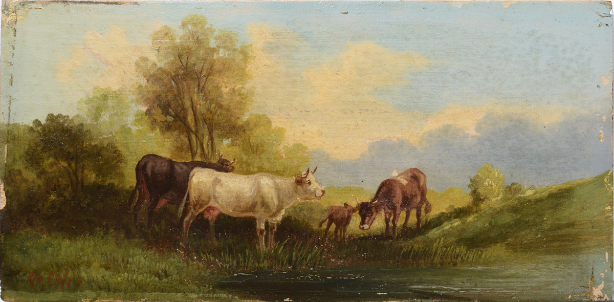 Pastoral Landscape w Cattle Cows 19th century Oil Painting by Russian Master