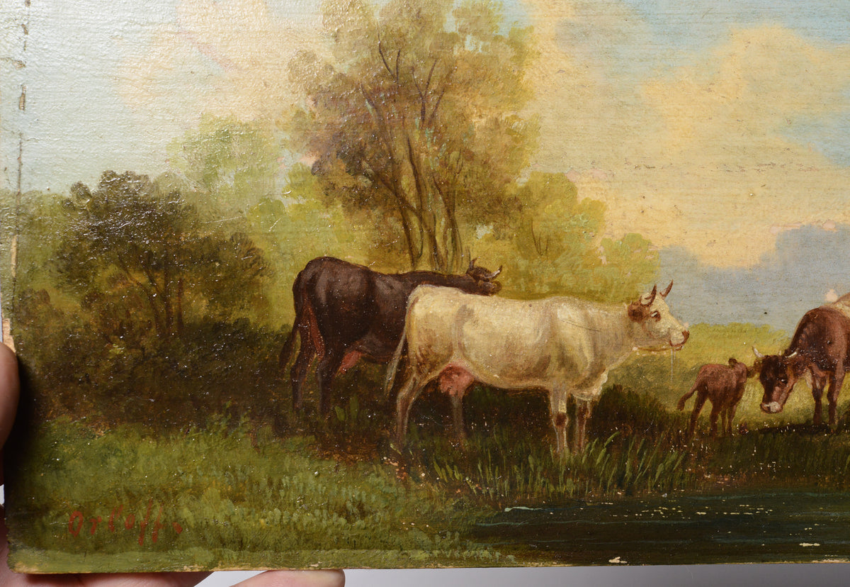 Pastoral Landscape w Cattle Cows 19th century Oil Painting by Russian Master