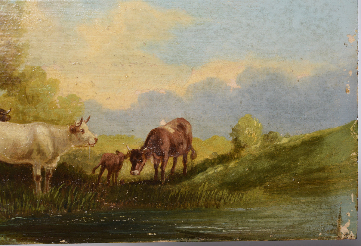 Pastoral Landscape w Cattle Cows 19th century Oil Painting by Russian Master