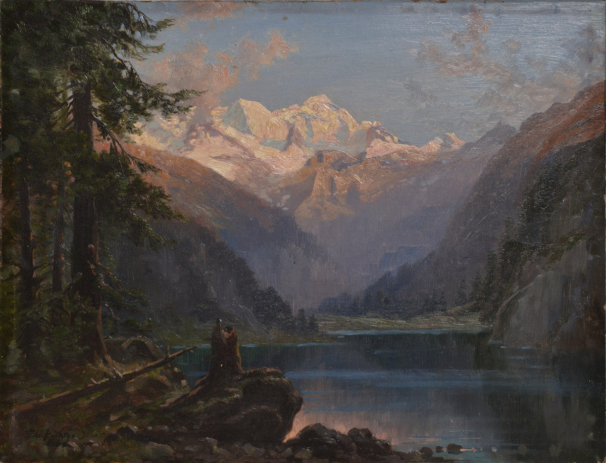 Swiss Oeschinen Lake Alpine Landscape by Buhler 19th century Oil Painting Framed