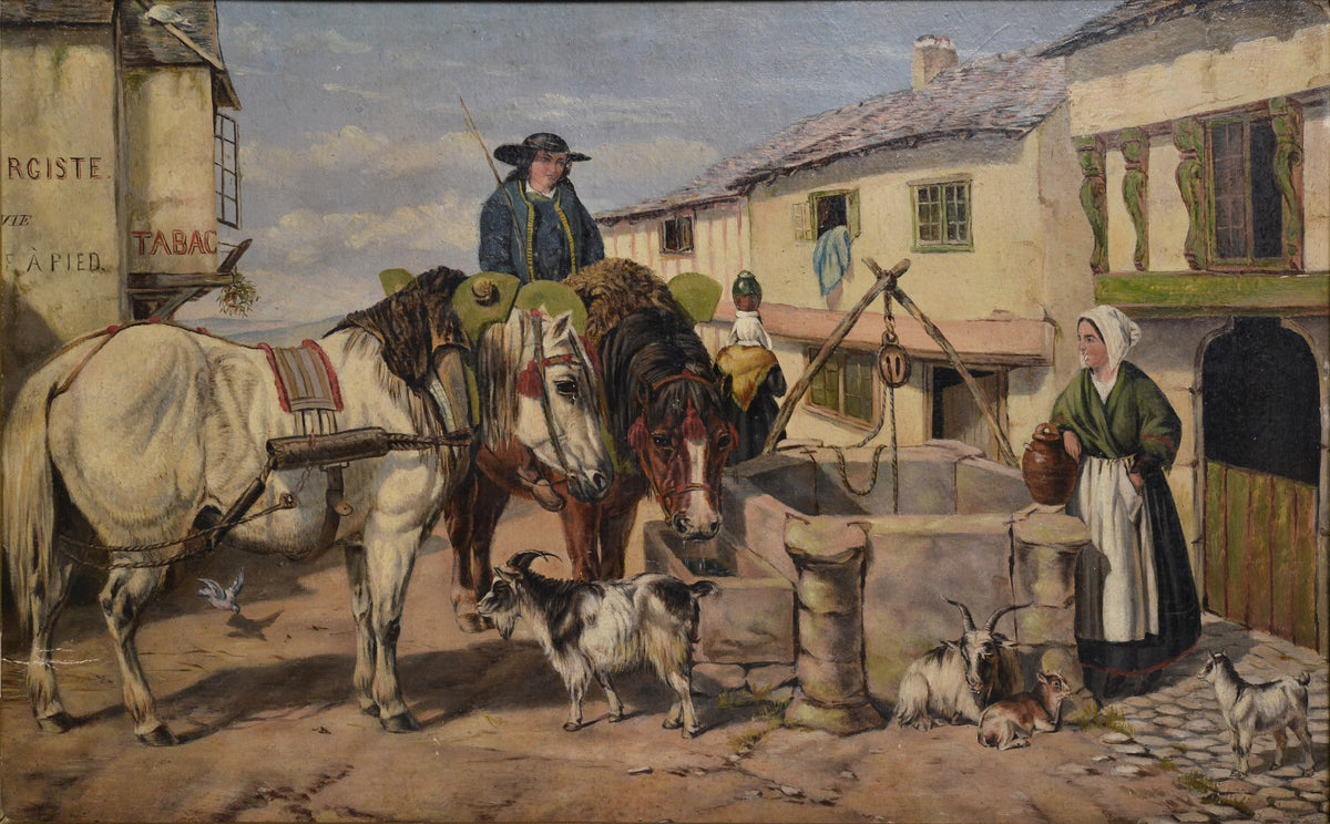 Daytime Watering Hole at Well in French Village 19th Century Oil Painting