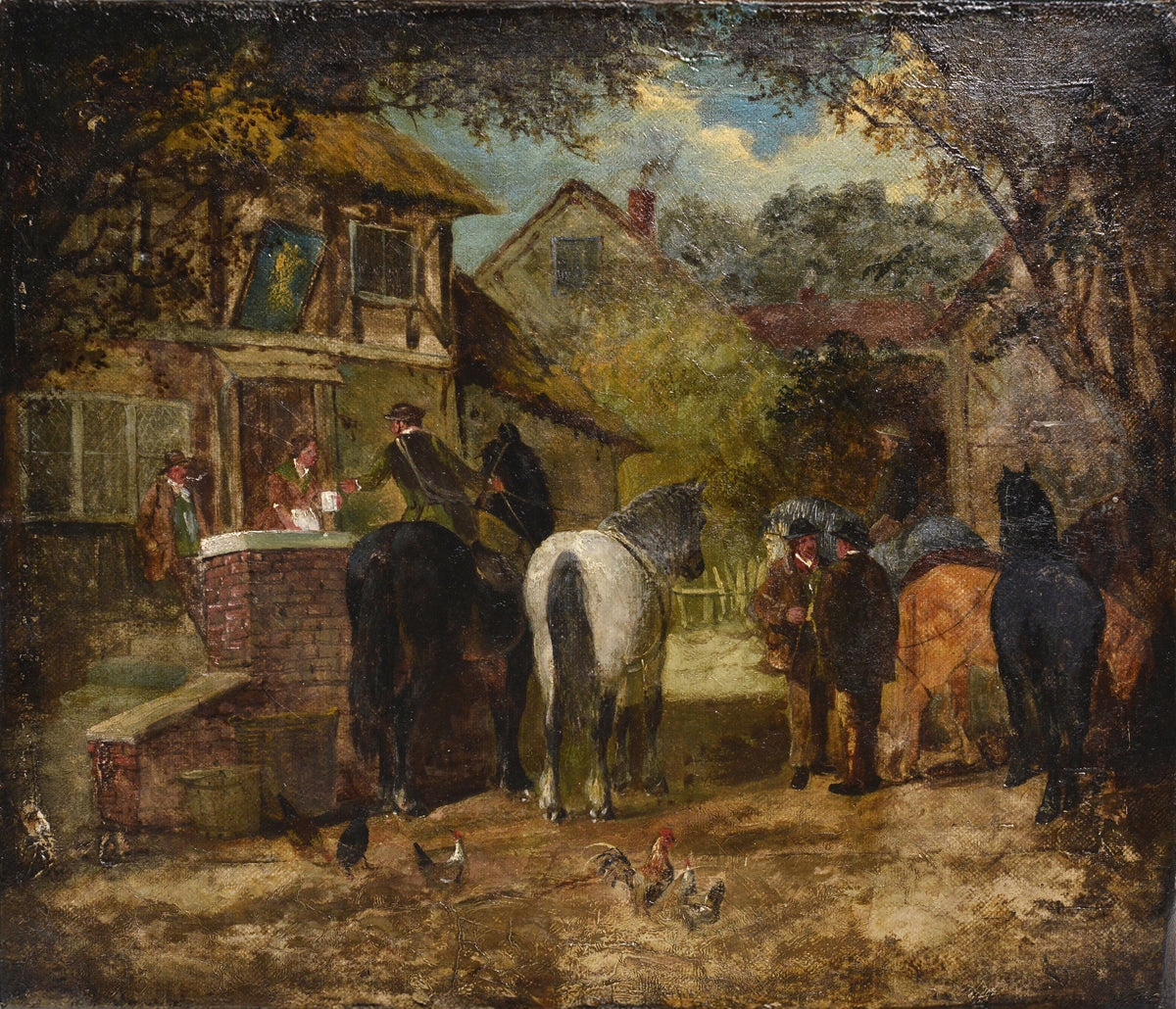 19th Century Victorian British Oil Painting Genre Scene Roadside Inn Hampshire