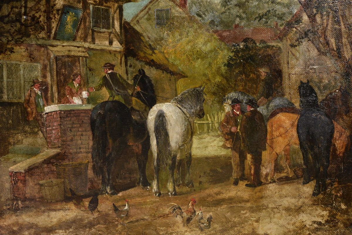 19th Century Victorian British Oil Painting Genre Scene Roadside Inn Hampshire