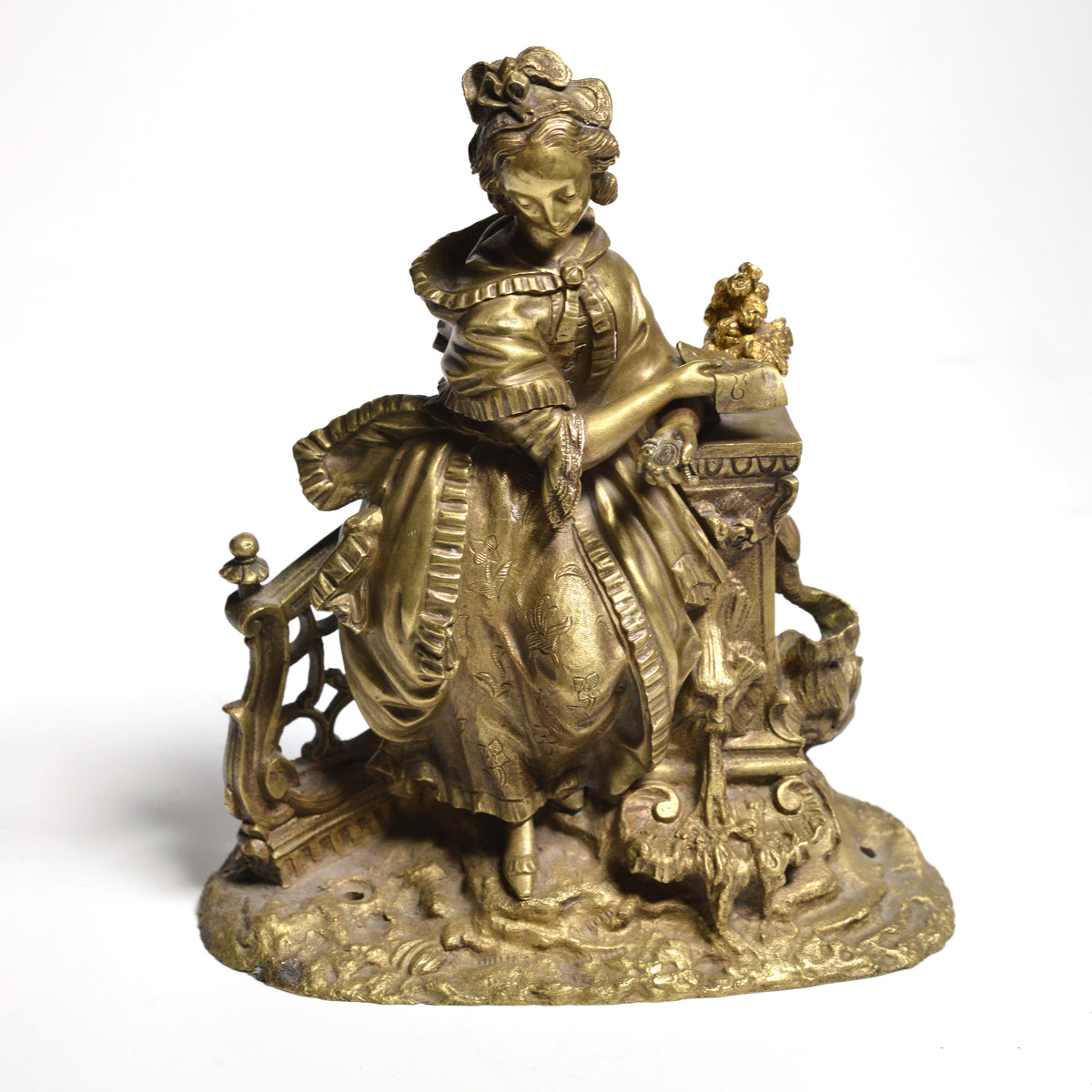 Antique Gilt Bronze Figurine Young Lady w Love Letter at Fountain 19th century