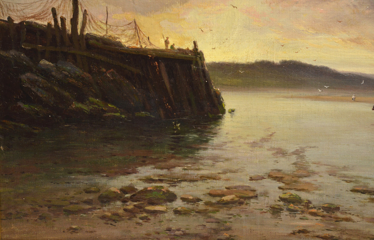 Low Tide Mussel Harvest in Dramatic Sunrise 1893 British Seascape Signed Framed