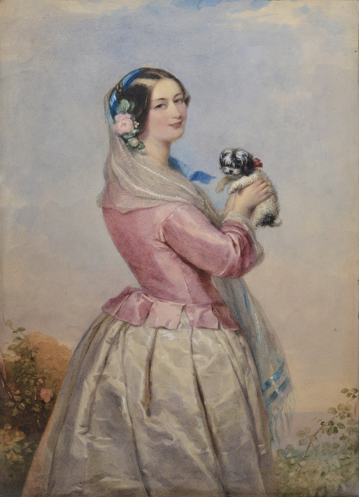 Portrait Young Lady w Tiny Dog 19th Century Watercolor from Wallace Collection