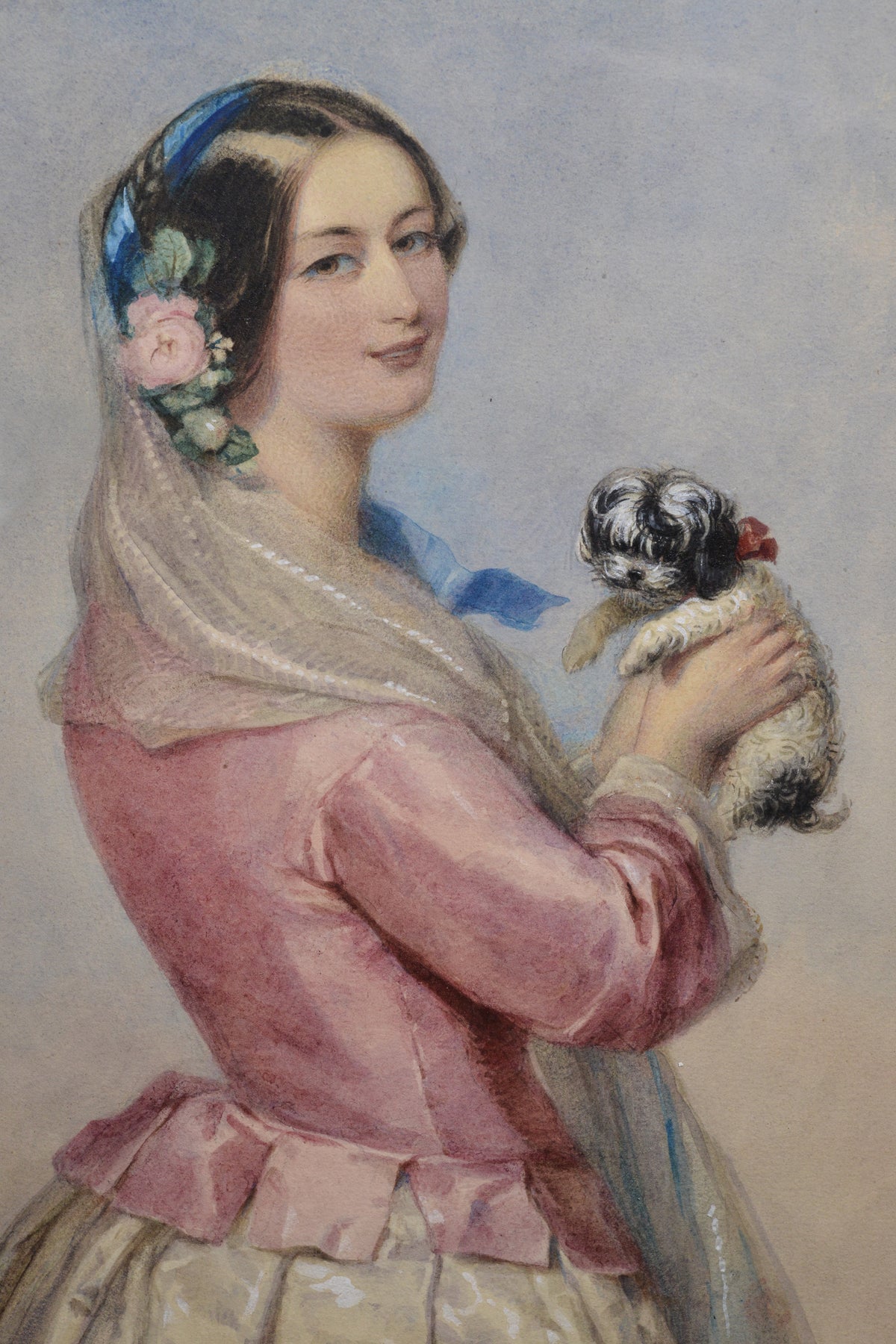 Portrait Young Lady w Tiny Dog 19th Century Watercolor from Wallace Collection