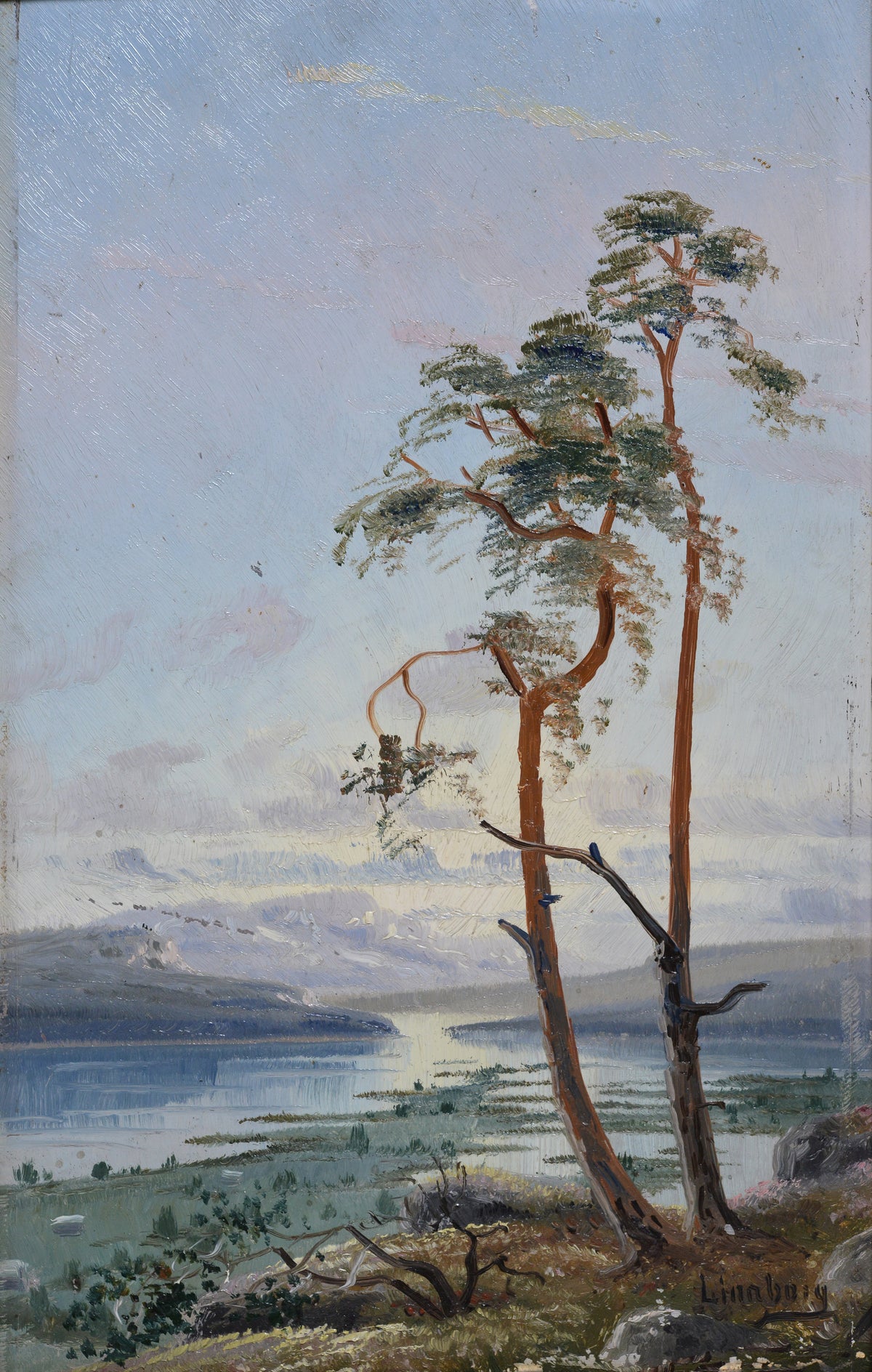 Spacious View of Northern Sweden Lakeland Landscape ca 1900 Oil Painting Signed