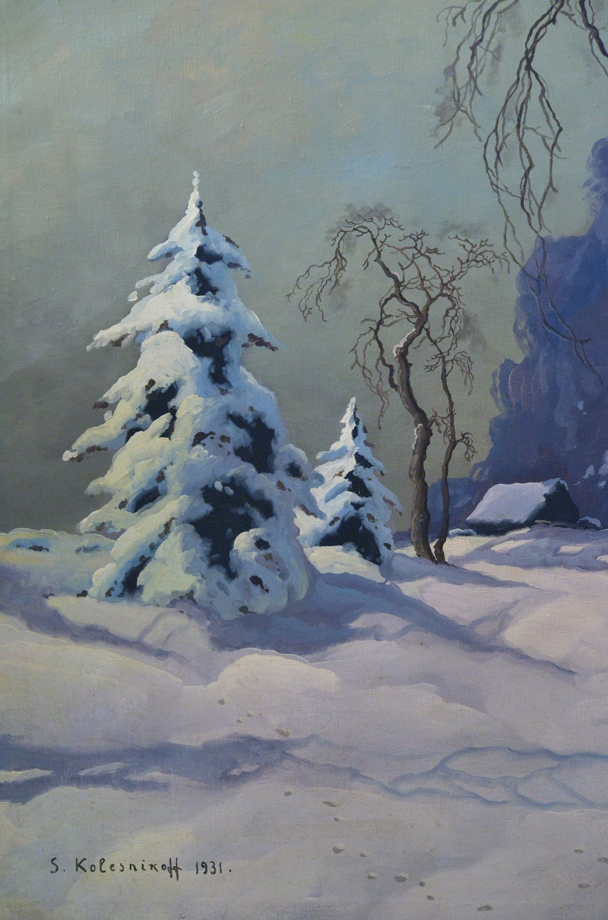 Night Winter Tale Bright Moonlit Forest Landscape 1931 Large Oil painting Signed