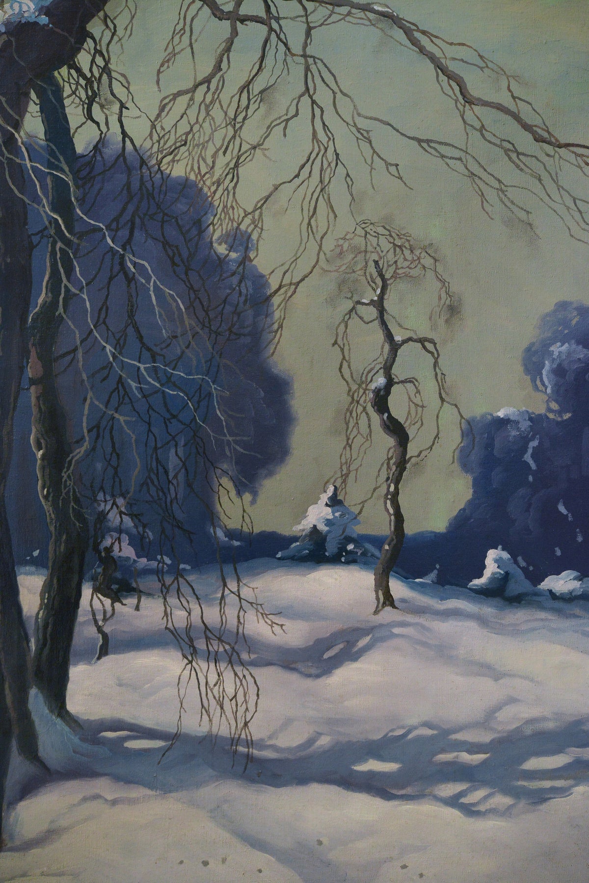 Night Winter Tale Bright Moonlit Forest Landscape 1931 Large Oil painting Signed