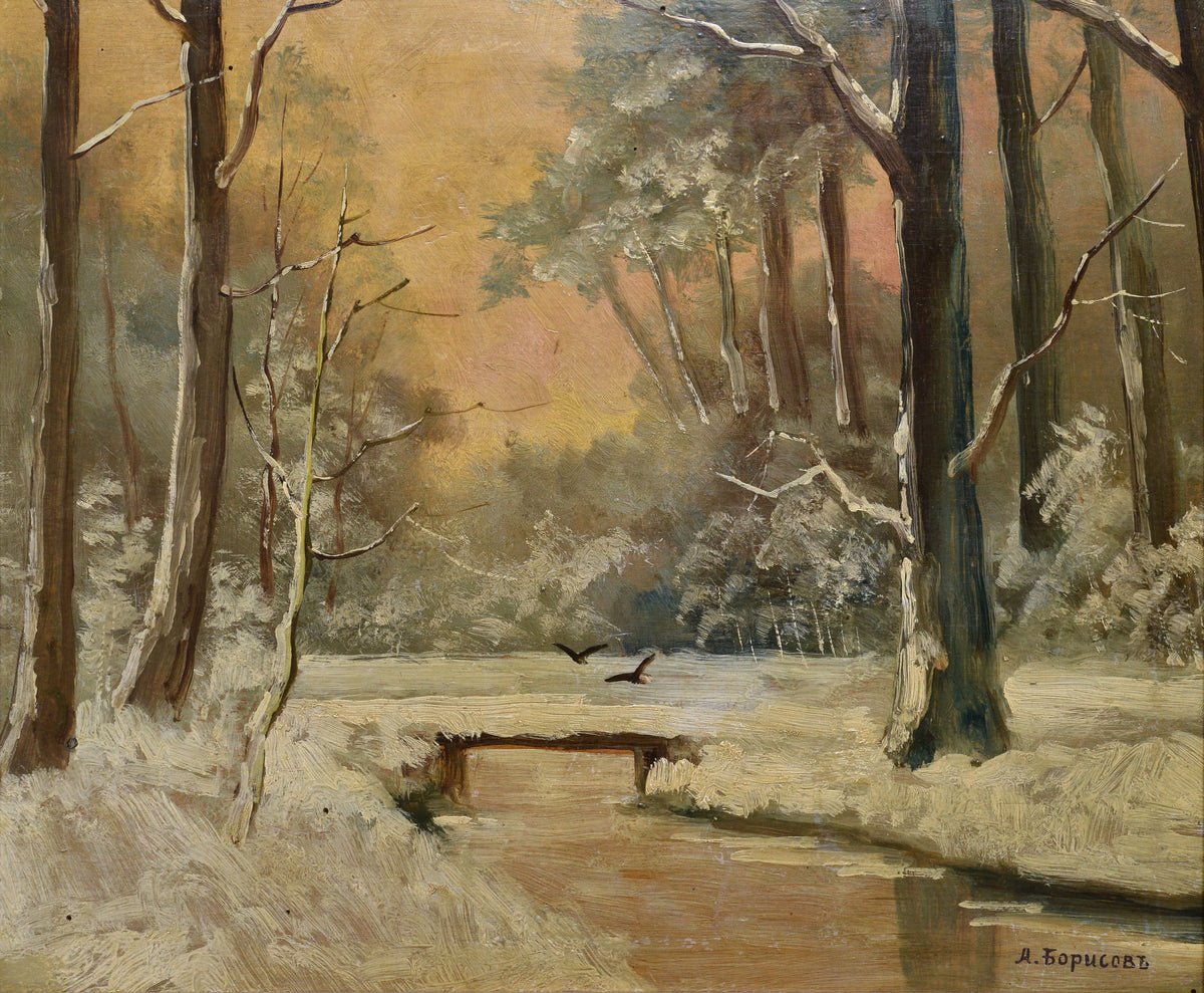 Winter Forest Landscape early 20th century Oil Study by Russian Master Borisov