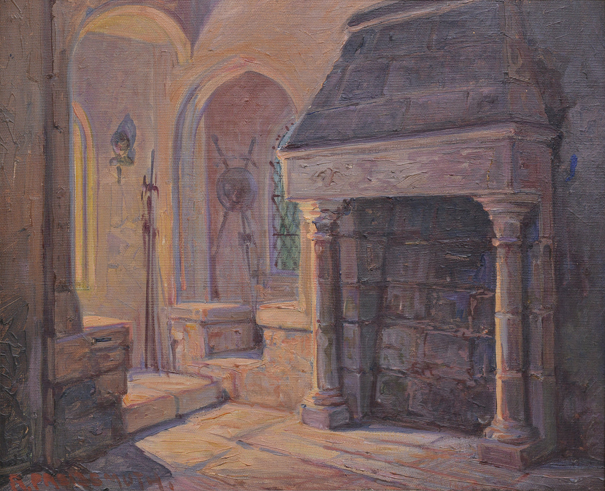 Interior of Medieval Stone Castle Early 20 century Antique Austrian Oil Painting