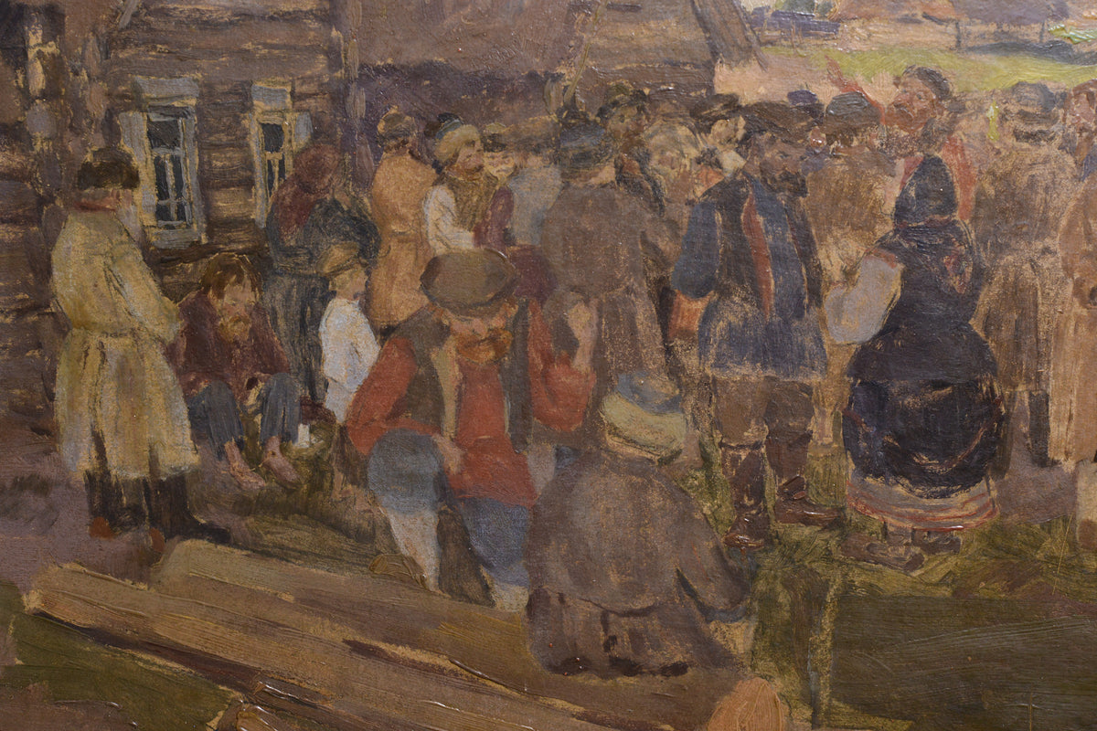 Crowded Scene of Russian Village early 20th century Oil Painting by Kirsanov