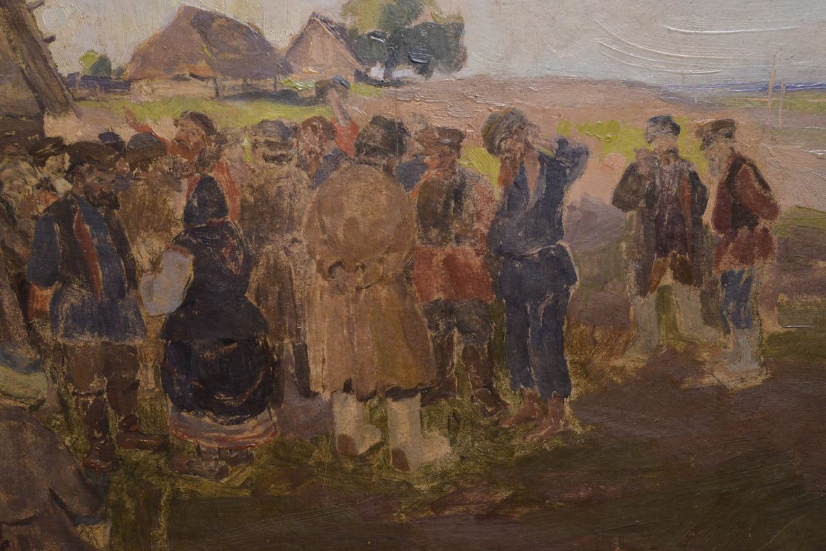 Crowded Scene of Russian Village early 20th century Oil Painting by Kirsanov