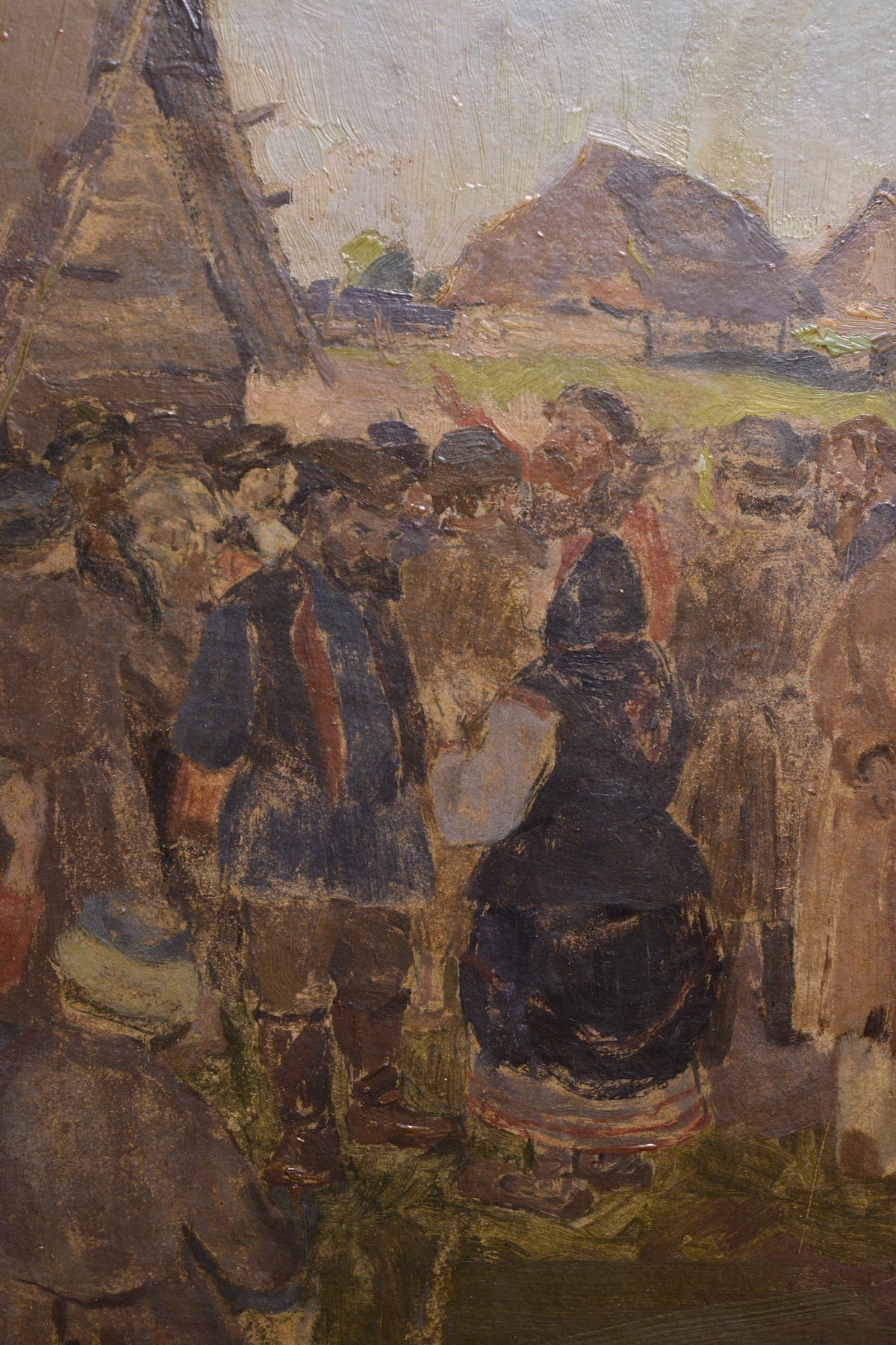 Crowded Scene of Russian Village early 20th century Oil Painting by Kirsanov