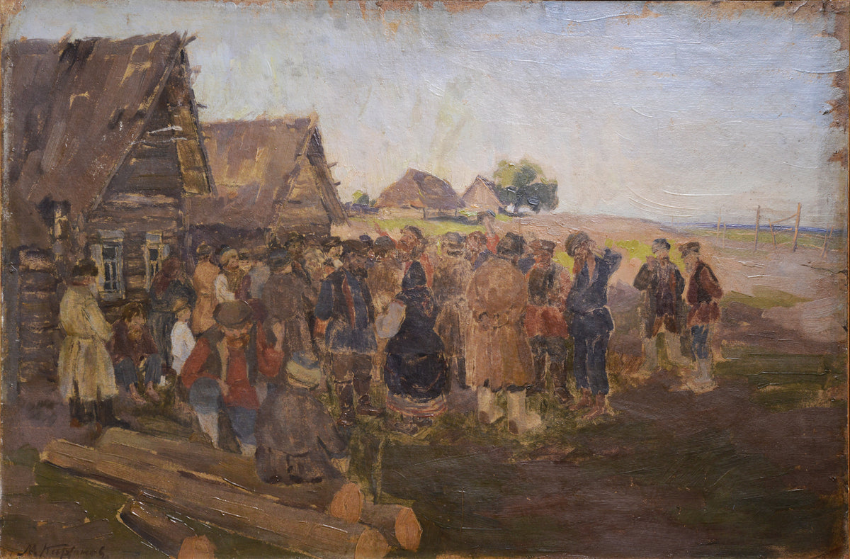 Crowded Scene of Russian Village early 20th century Oil Painting by Kirsanov