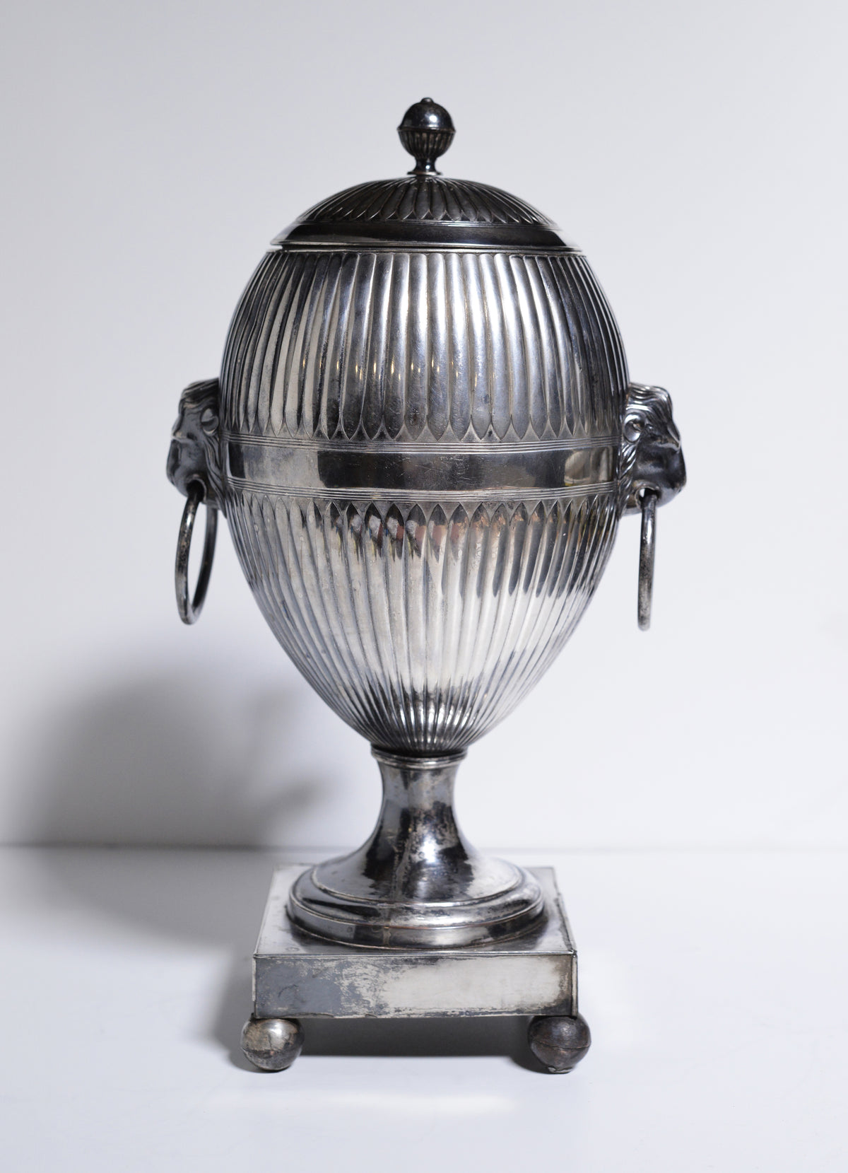 Antique British Silver Plated Tea Urn Samovar 19th century Egg shaped w Lion heads