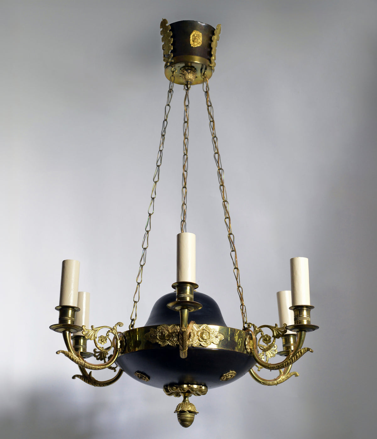 Empire Chandelier Gilt Bronze Two Tone 6 light Lion heads and Flora decoration