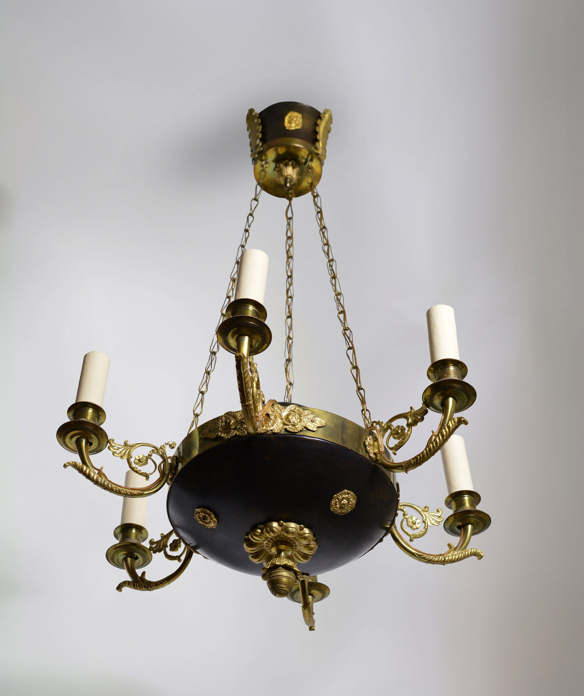 Empire Chandelier Gilt Bronze Two Tone 6 light Lion heads and Flora decoration