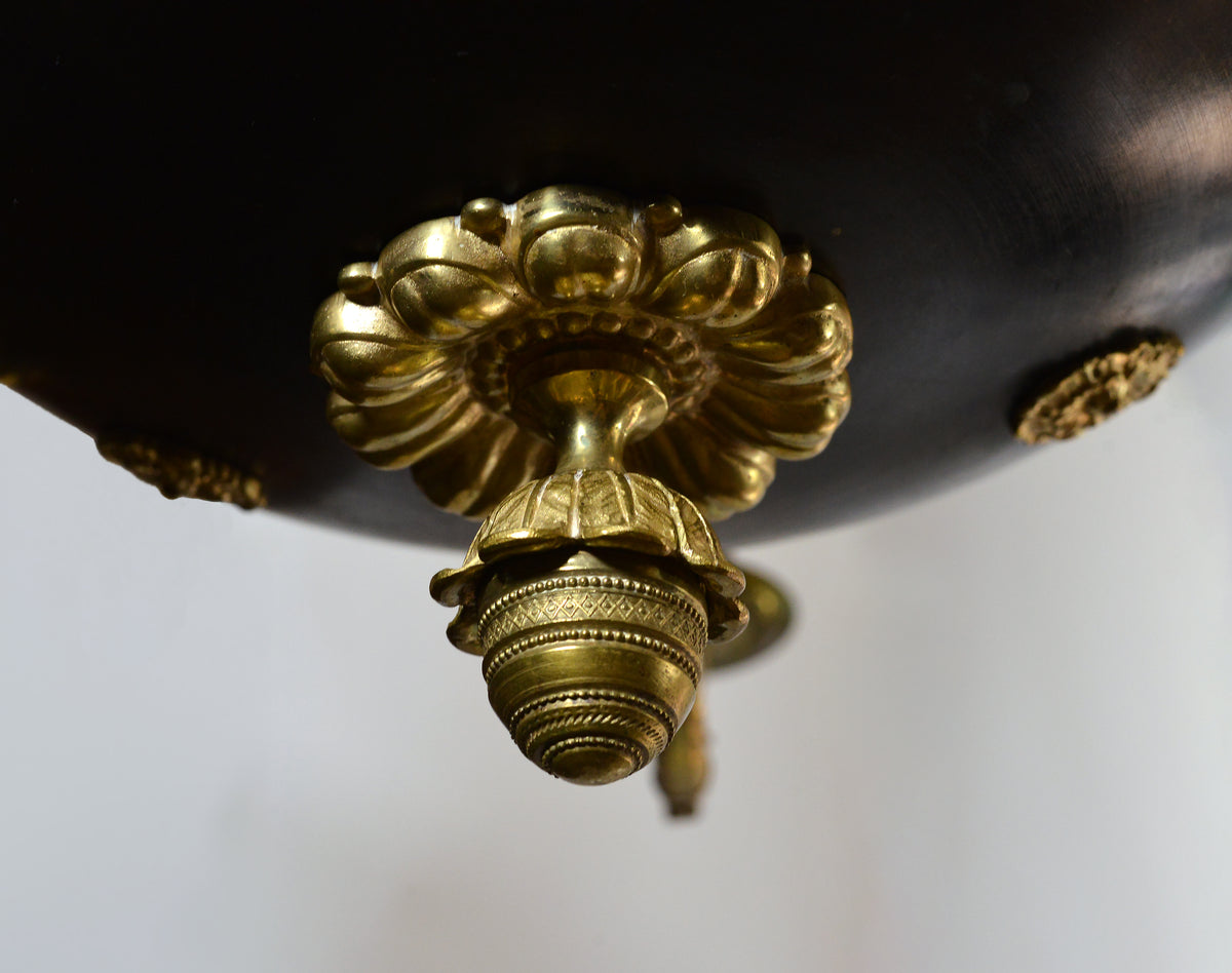 Empire Chandelier Gilt Bronze Two Tone 6 light Lion heads and Flora decoration