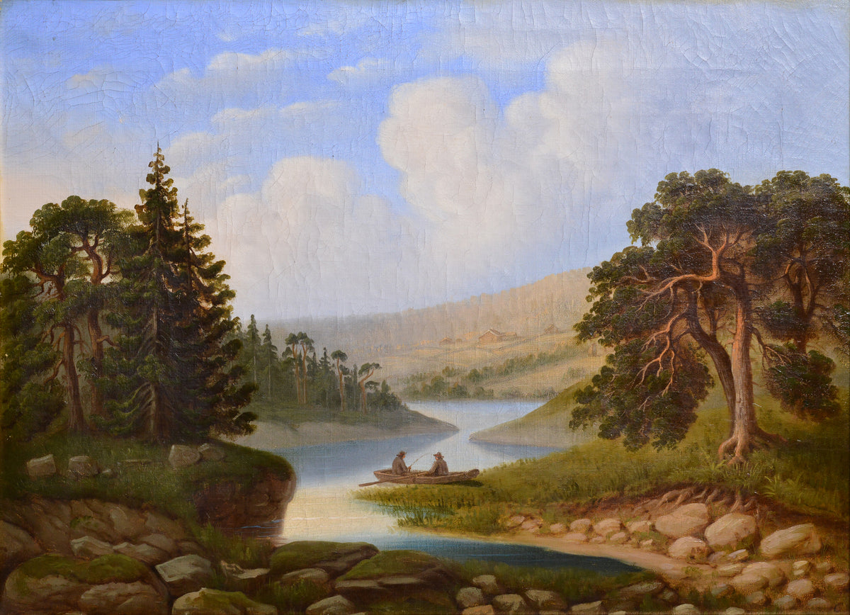 Fishermen on River Idyllic Scandinavian Landscape 19th century Oil Painting