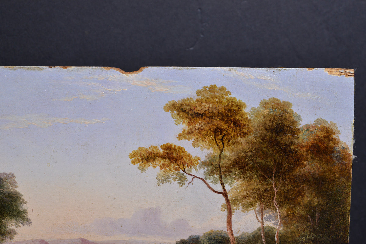 Miniature Pastoral Landscape 19th century Romanticism Oil Painting on Wood