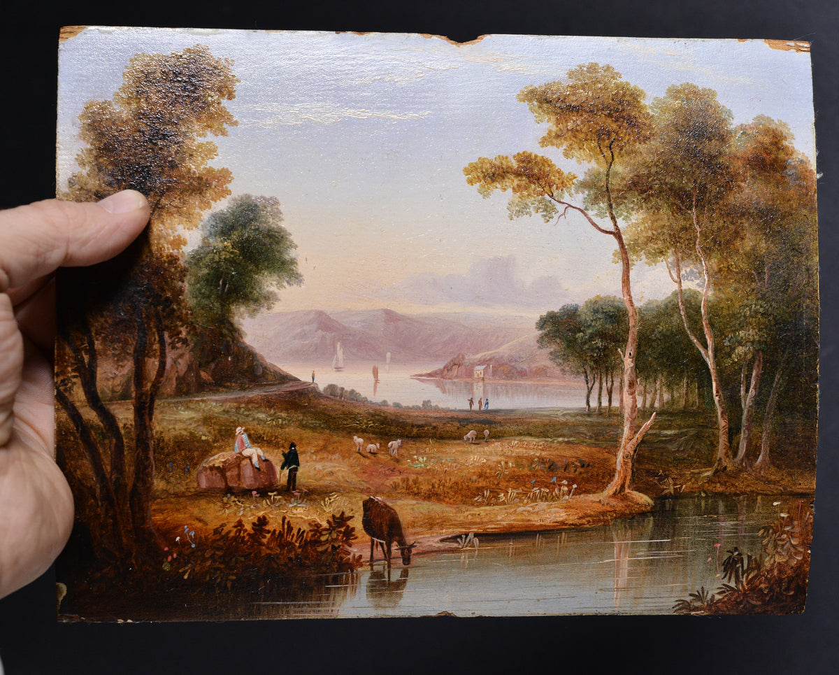 Miniature Pastoral Landscape 19th century Romanticism Oil Painting on Wood